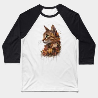 Orange Cat Fall Leaves Illustration Baseball T-Shirt